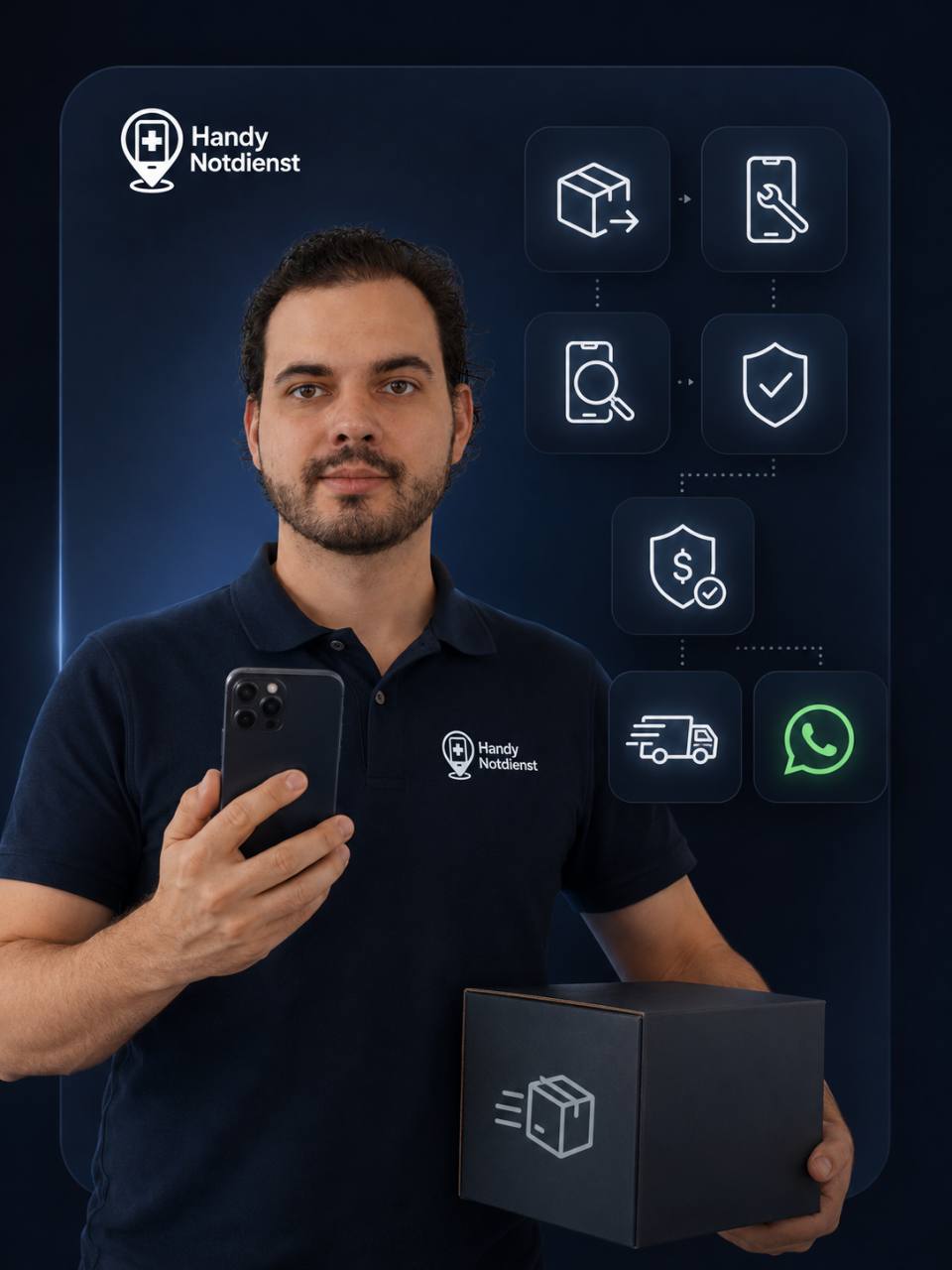 Handy Notdienst Versand-Reparatur mit Smartphone und Paket