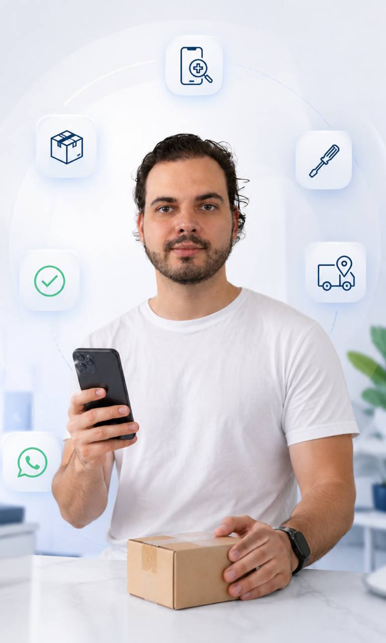 Handy Notdienst Versand-Reparatur mit Smartphone und Paket